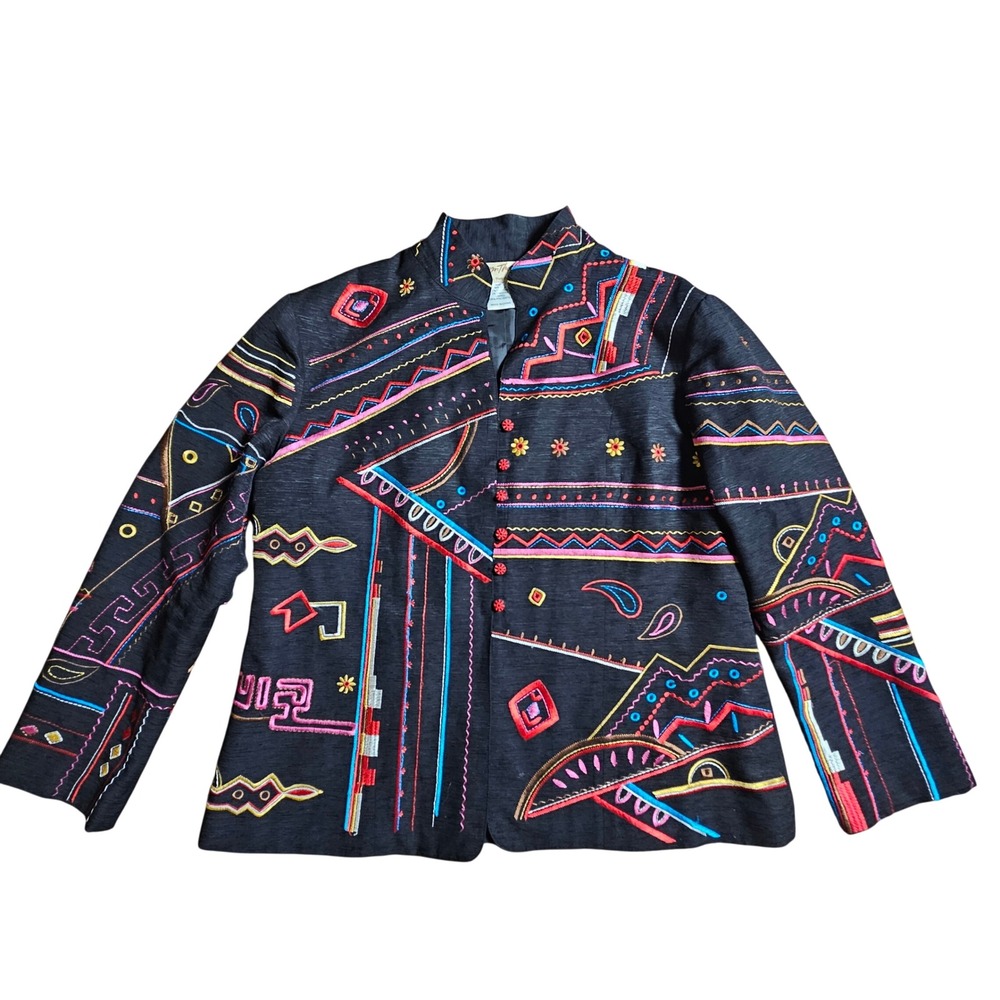 Vintage Norm Thompson Silk Blend Embroidered Blazer Jacket L Art To Wear Folk